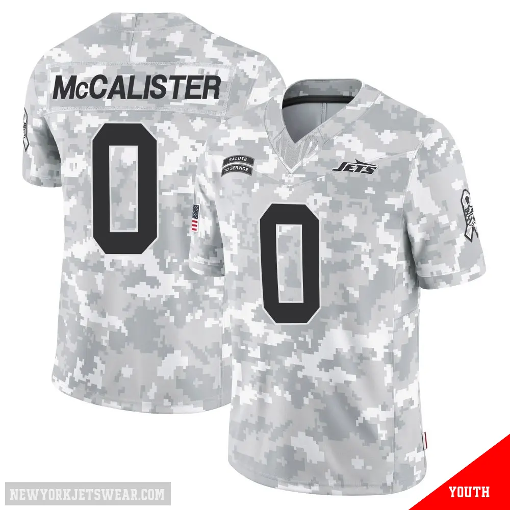 ＃0 Youth Tanner McCalister Arctic Camo Limited New York Jets 2024 Salute to Service Jersey